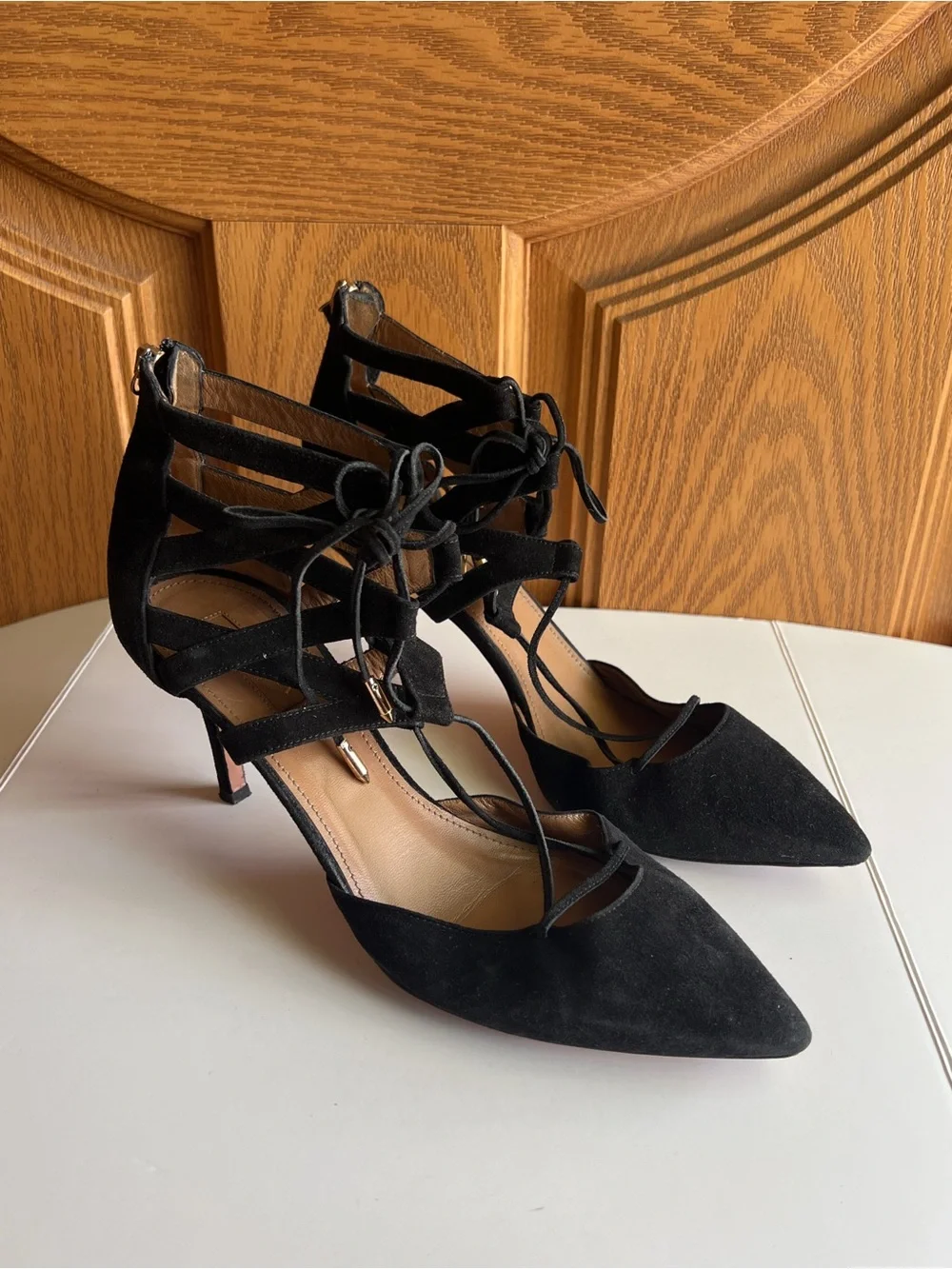 Aquazzura Belgravia Black Suede Lattice Caged Pointed Toe Heels Sandals EU 39.5